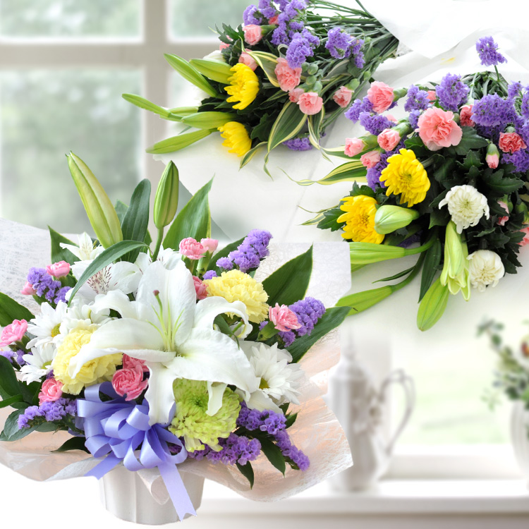 法要の準備万端セット お供え用生花アレンジと一対の和風花束セット