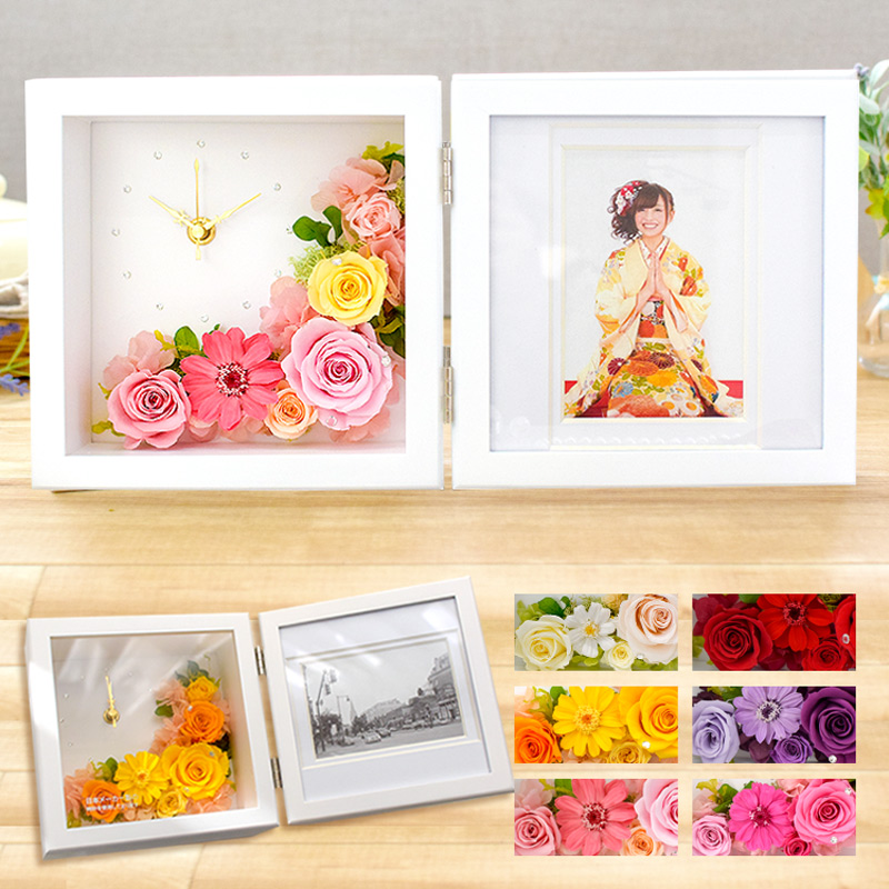 時計付きフォトフレーム プリザーブドフラワー